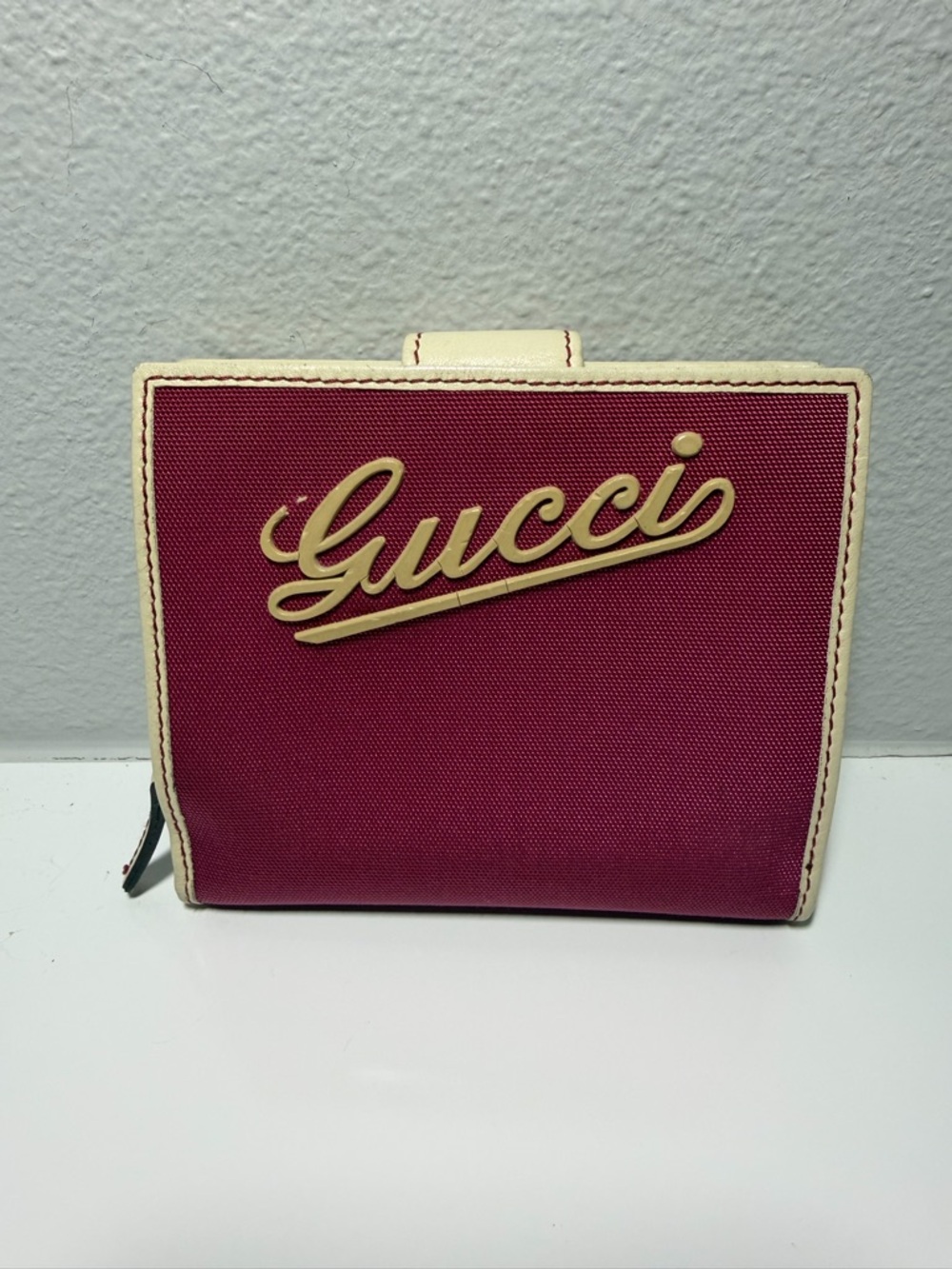 Gucci Raspberry Canvas Wallet with Cream Trim and Script Logo